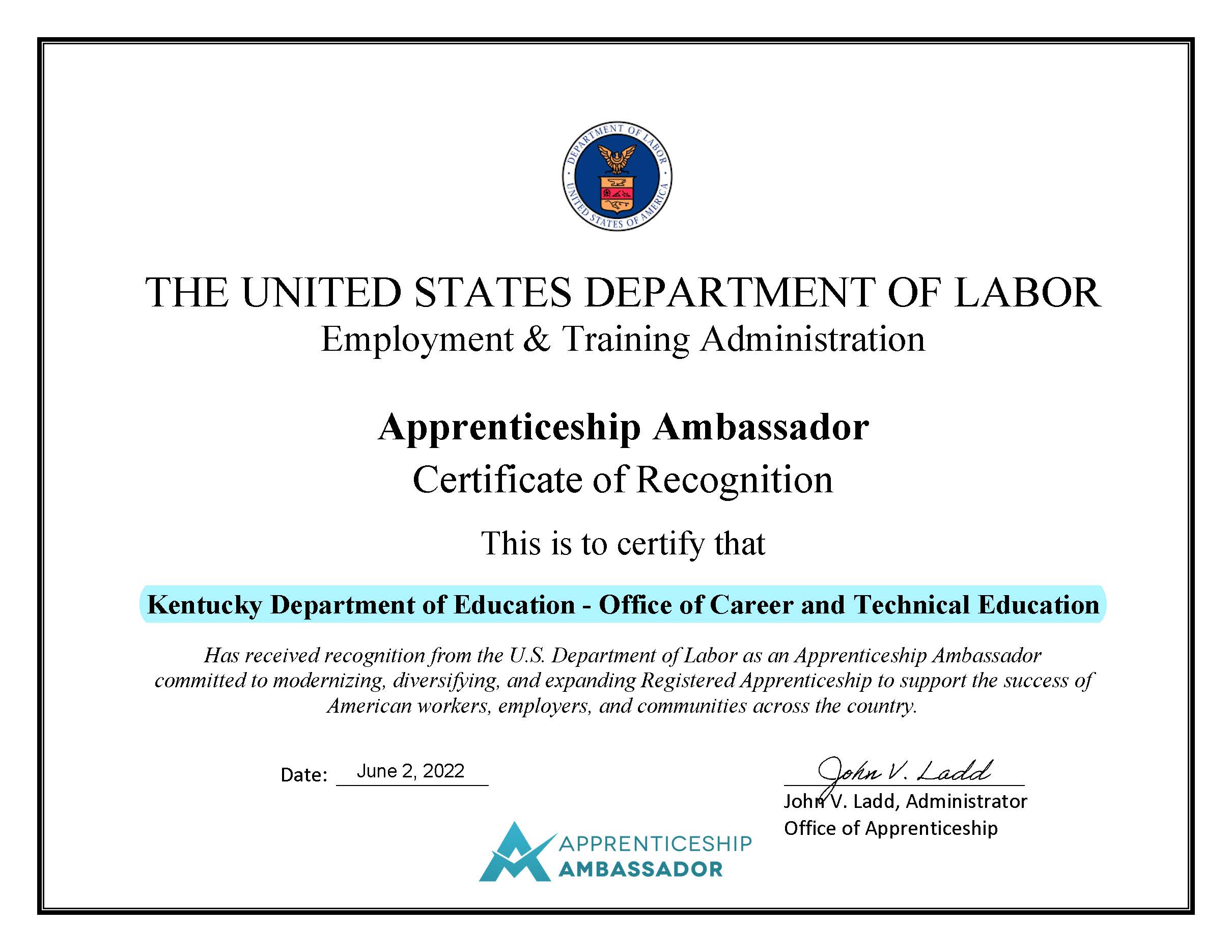 USDOL Certificate of Recognition Link