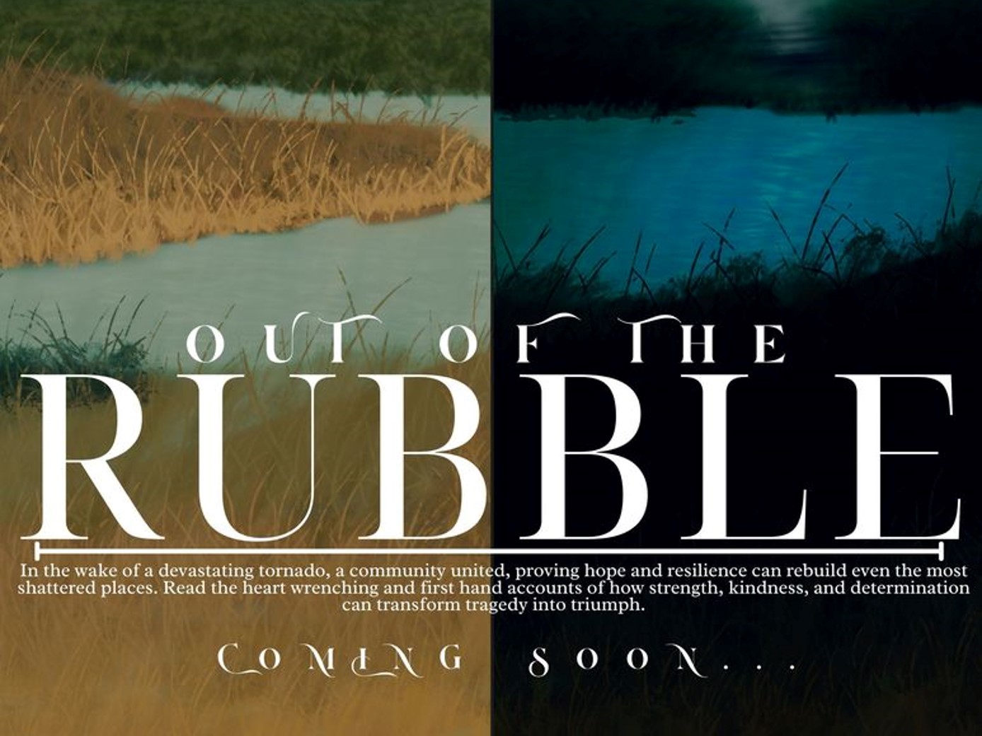 Promotional graphic split between bright grass and stormy field with text: ‘Out of the Rubble… Coming Soon.’