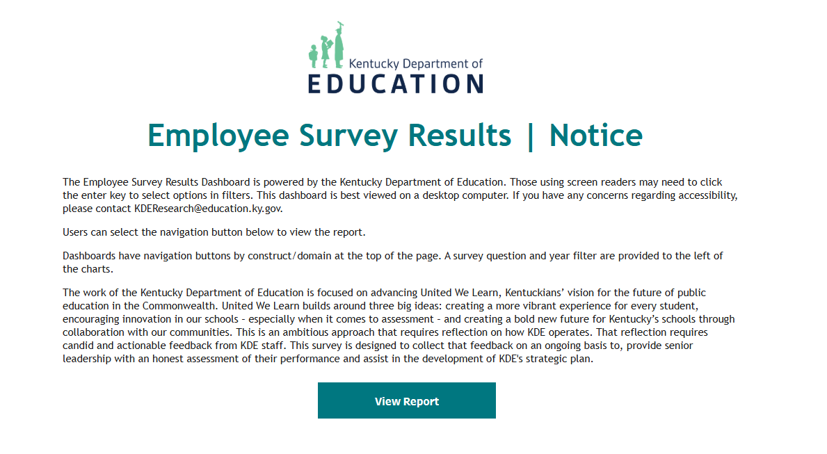 Employee Survey Results. Link takes users to new tab with notice statement, followed by the option to view the report.