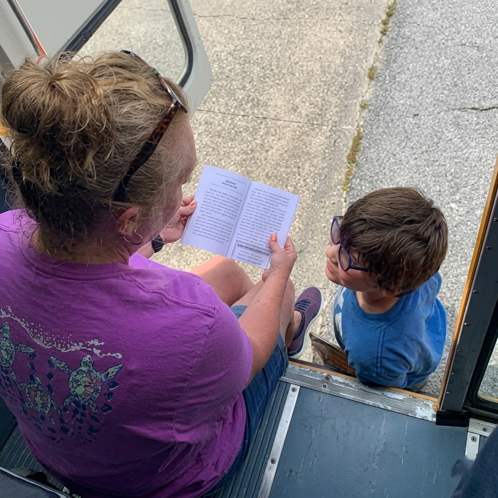 Boy being reading to on the back of a school bus