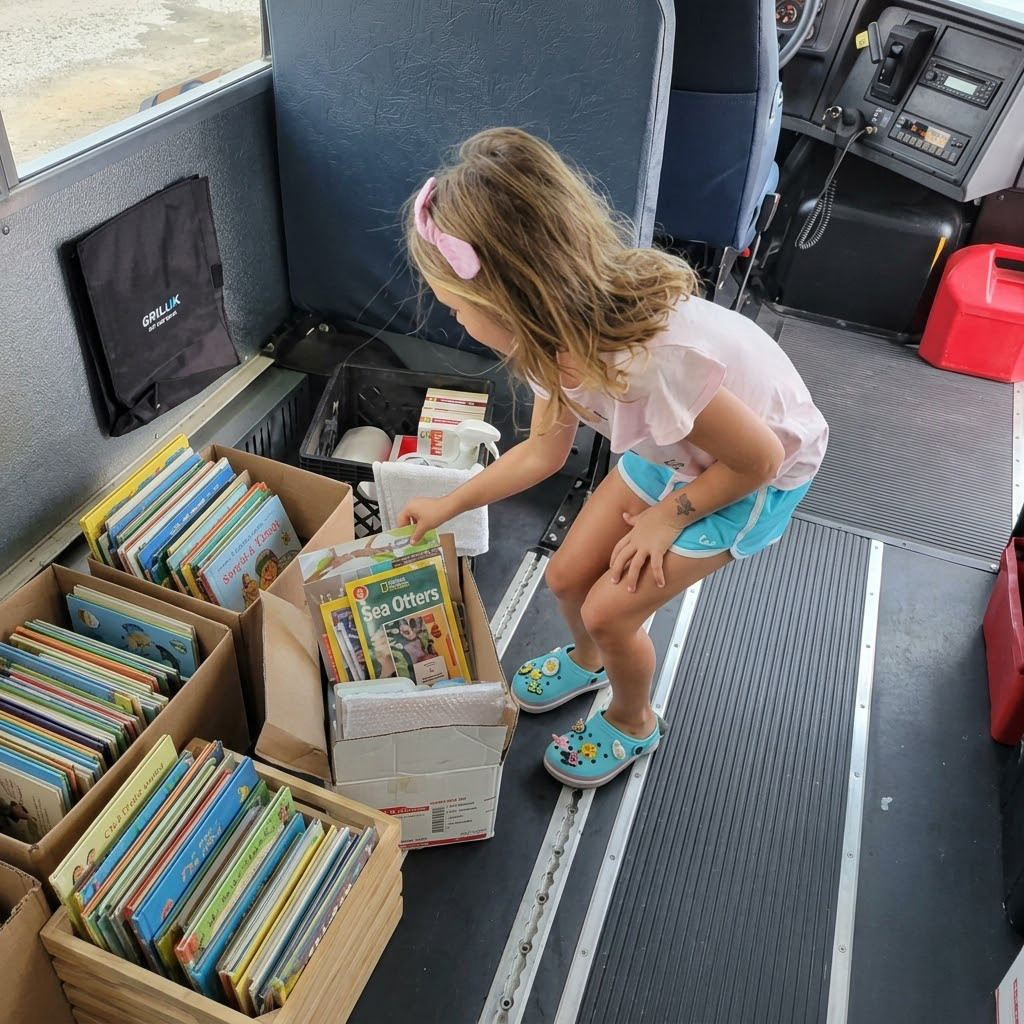 girl selecting a book from a summer book distribution